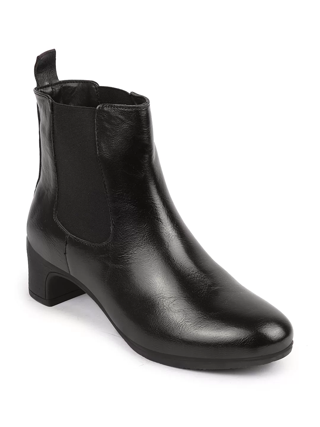 Women Black Flared Heel High Ankle Top Winter Chelsea Boots