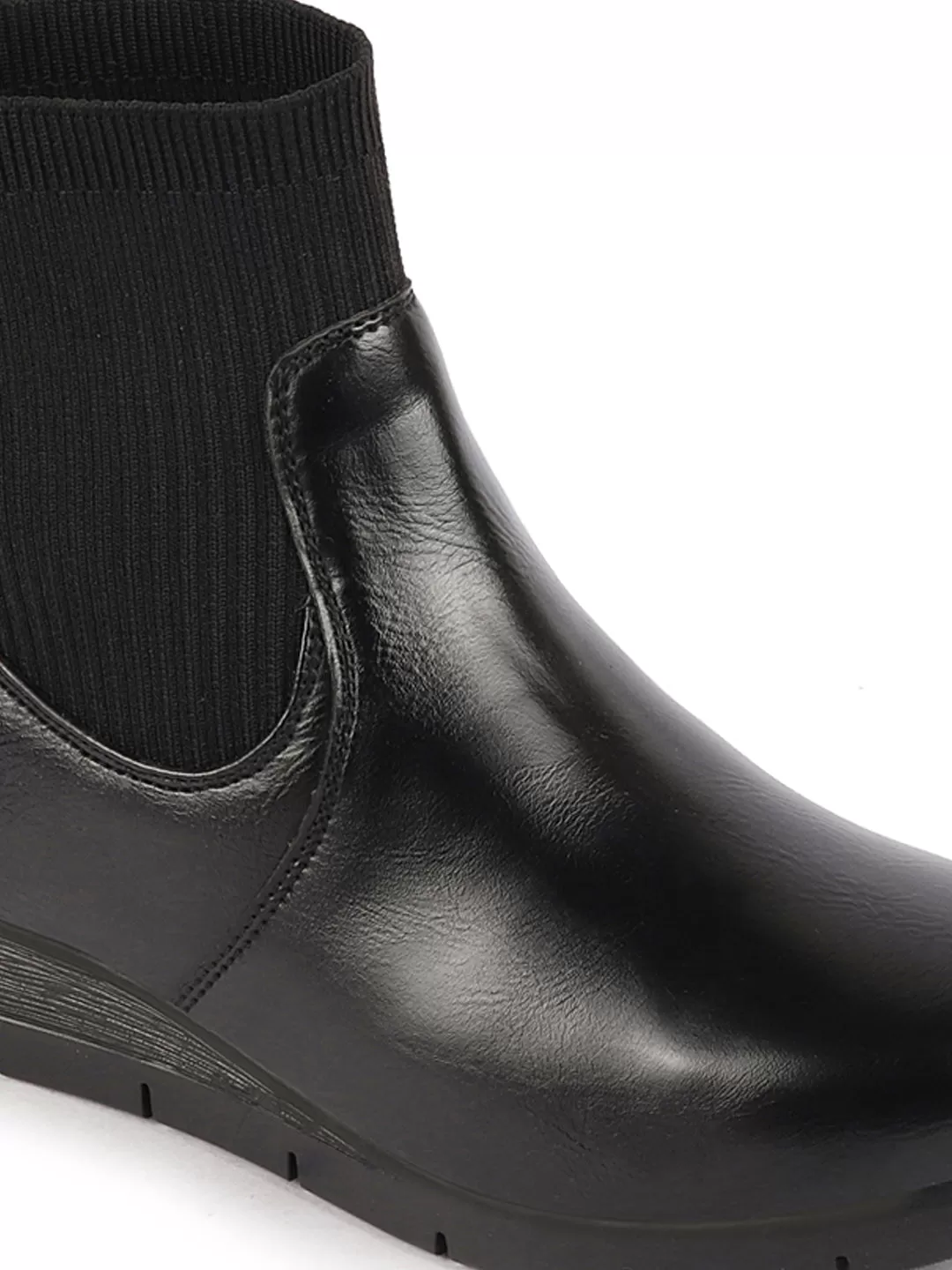 Women Black Mid Top Socks Collar Slip On Broad Feet Wedge Heel Work Boots