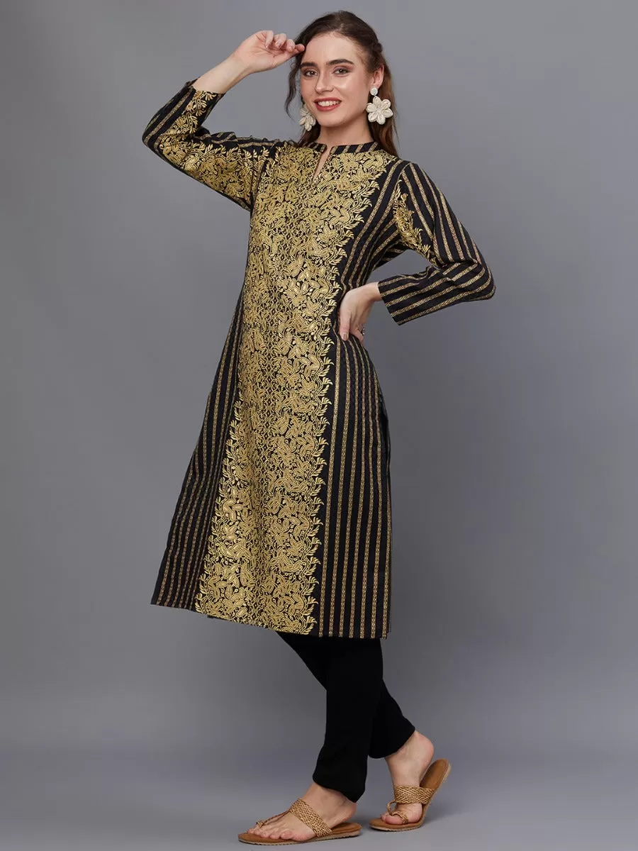 Women Black Pashmina Ornamental Print Kurta