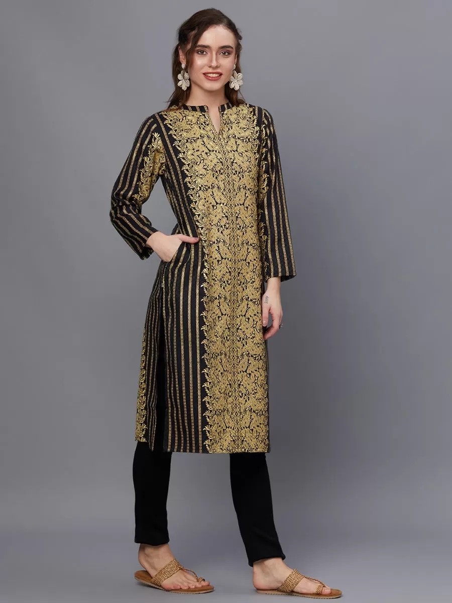 Women Black Pashmina Ornamental Print Kurta