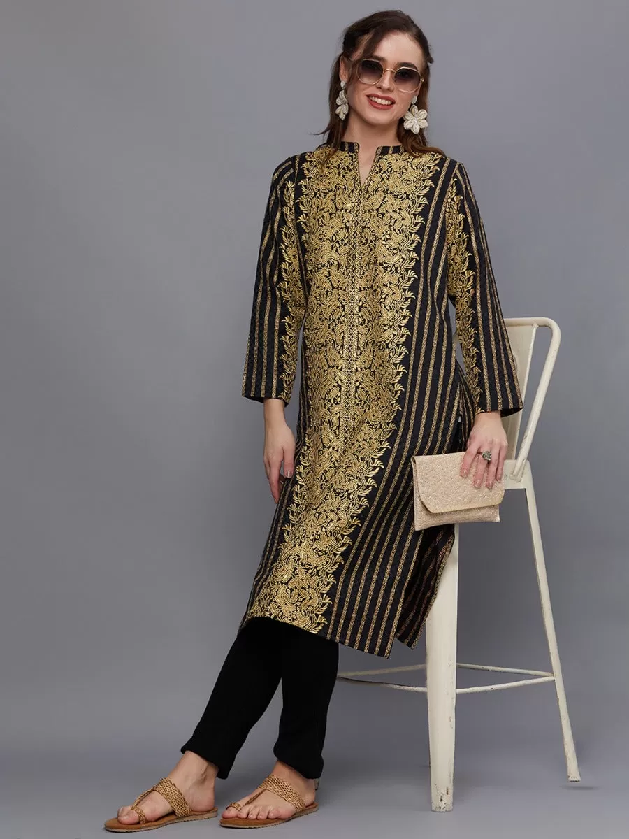 Women Black Pashmina Ornamental Print Kurta