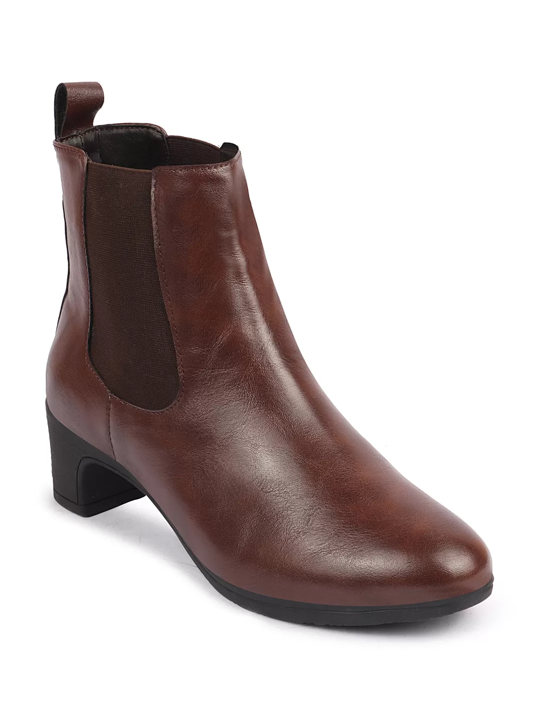 Women Brown Flared Heel High Ankle Top Winter Chelsea Boots