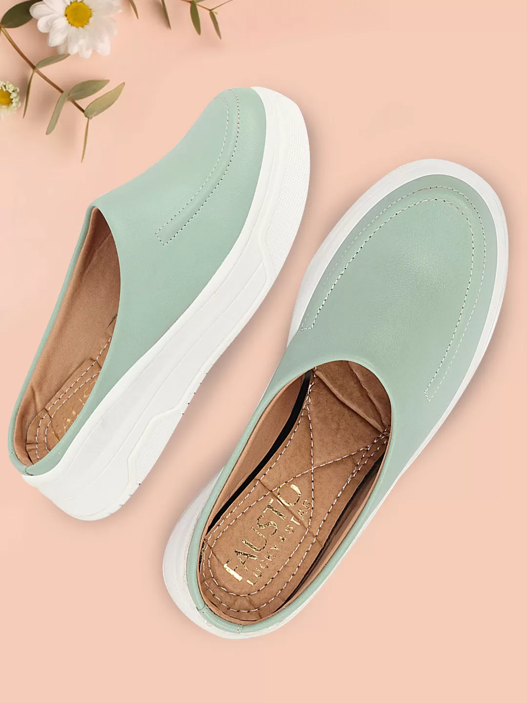 Women Pista Green Outdoor Fashion Stitched Design Open Back Platform Heel Slip On Casual Shoes