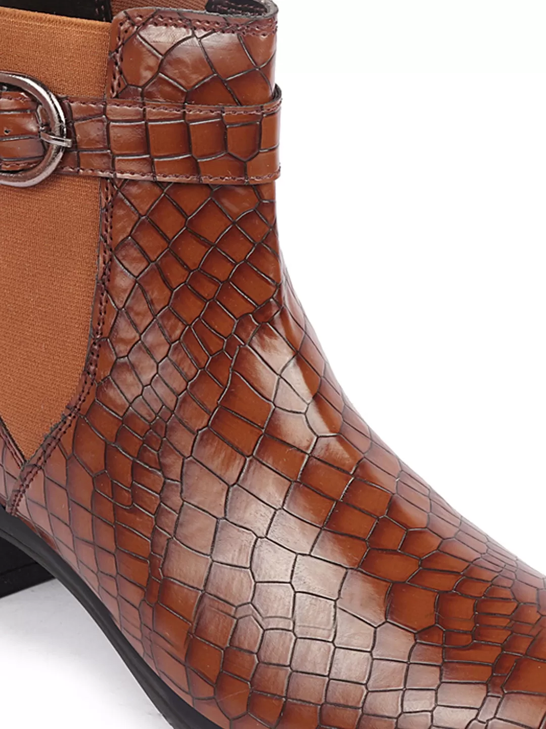 Women Tan Flared Heel High Ankle Leopard Print Embossed Design Winter Buckle Strap Chelsea Boots