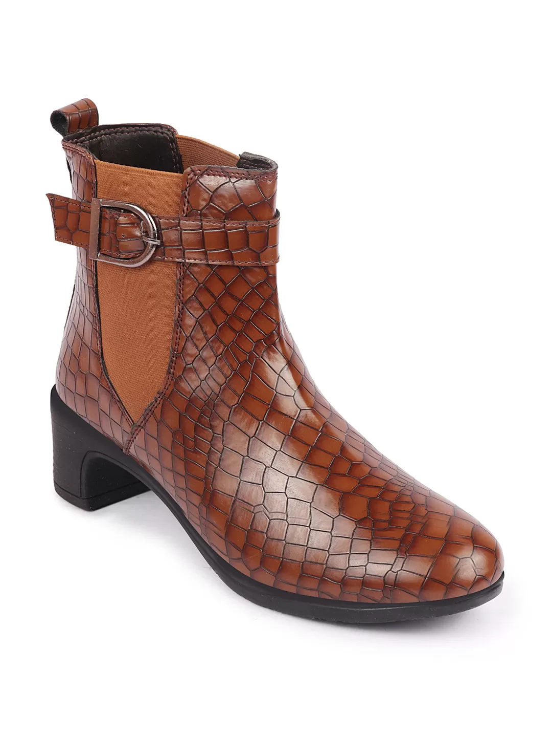 Women Tan Flared Heel High Ankle Leopard Print Embossed Design Winter Buckle Strap Chelsea Boots