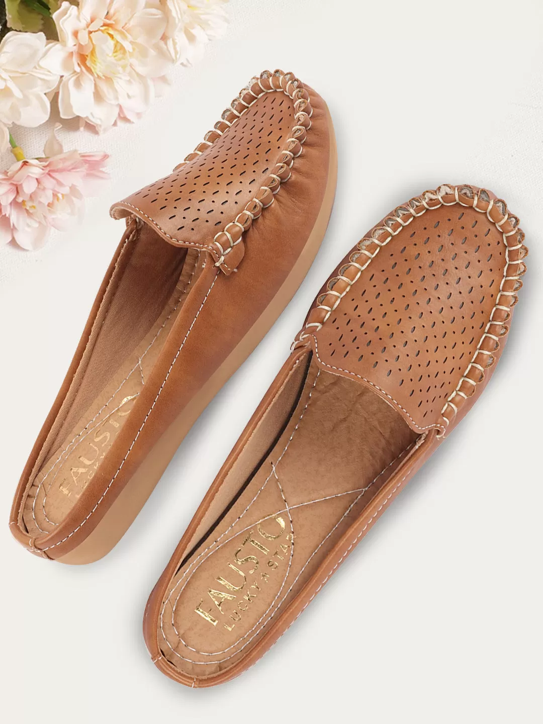 Women Tan Side Stitched Laser Cut Design Back Open Slip On Mules Shoes