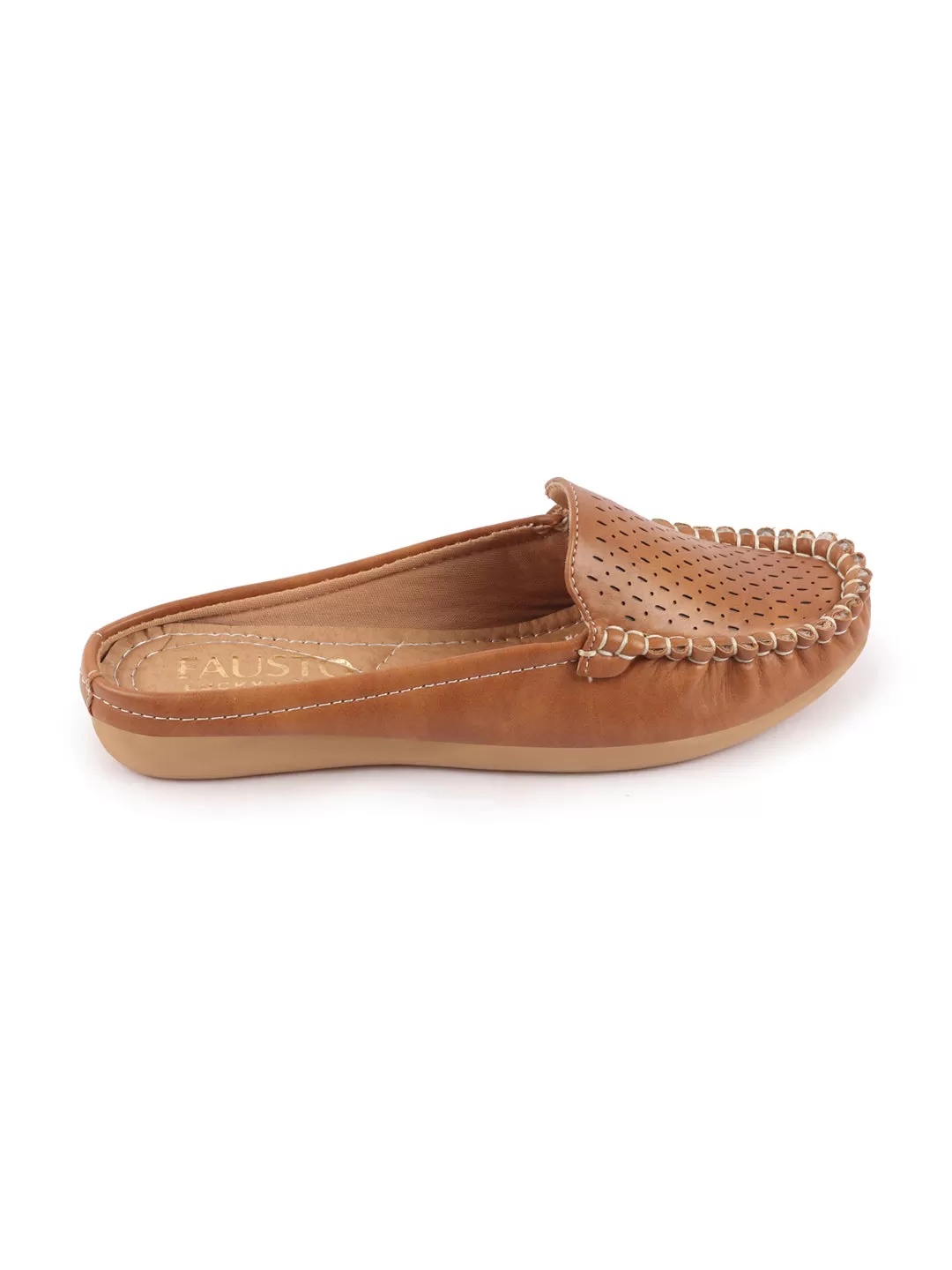 Women Tan Side Stitched Laser Cut Design Back Open Slip On Mules Shoes