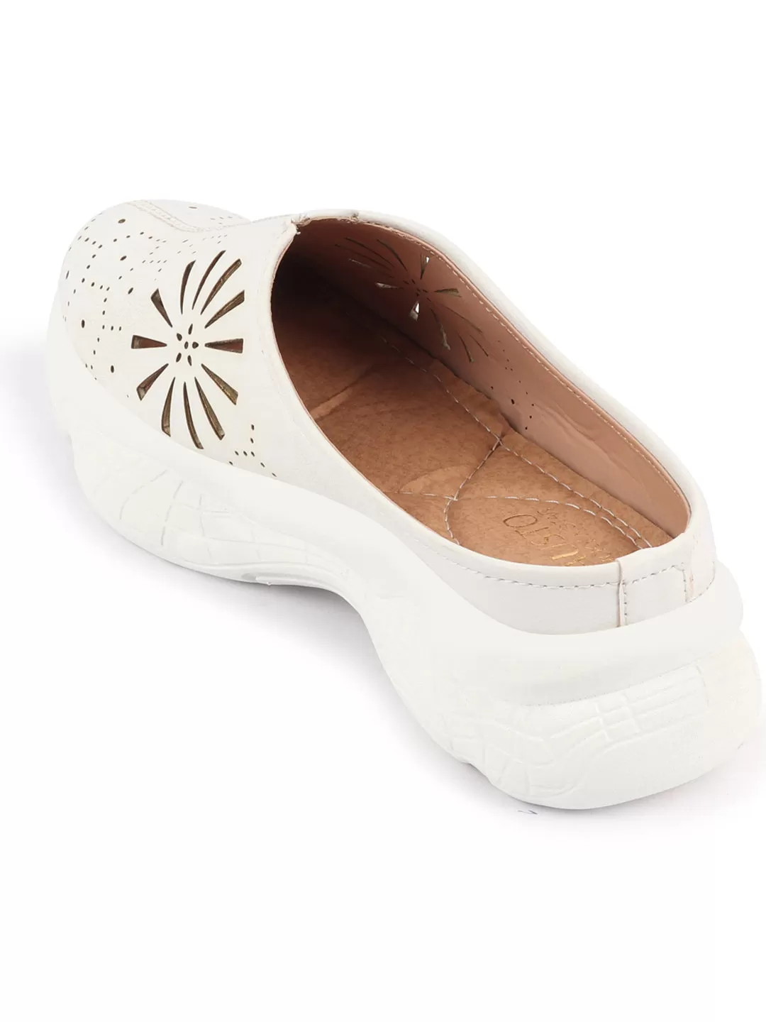 Women White Laser Cut Design Stitched Breathable Back Open Slip On Mules Shoes