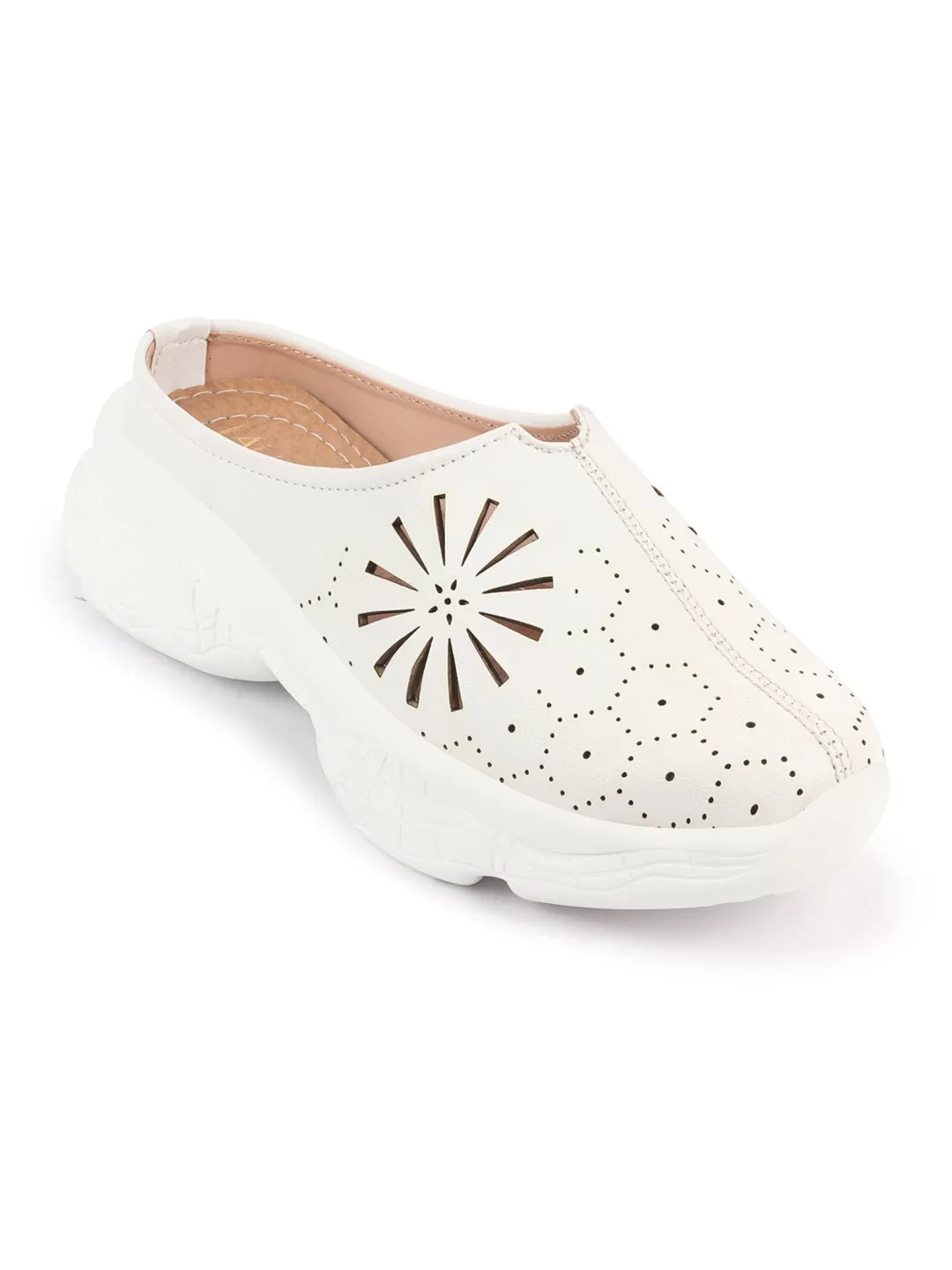 Women White Laser Cut Design Stitched Breathable Back Open Slip On Mules Shoes