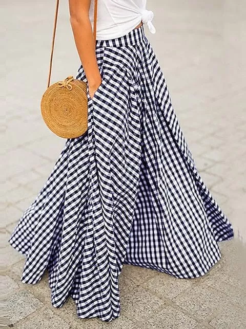 Women's Black and Blue Gingham Maxi Plaid Skirt with Pockets - S, M, L