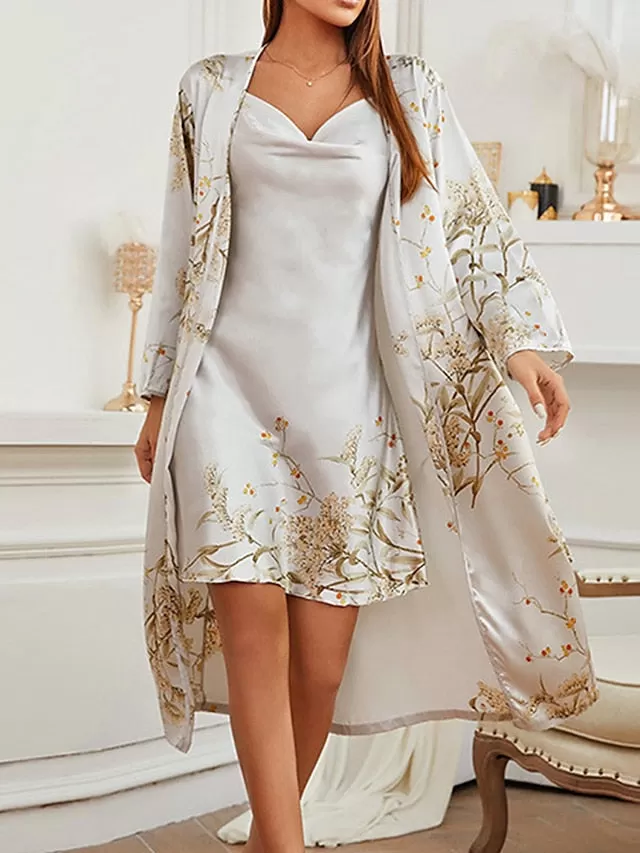 Women's Elegant Cherry Blossom Satin Silk Pajama Set with Bathrobe - Luxurious and Stylish Sleepwear