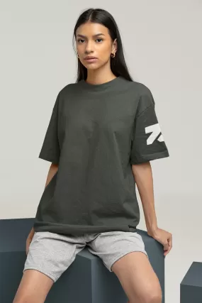 Zymrat Sleeve Printed Oversized Ribbed Neckline Olive Tshirt